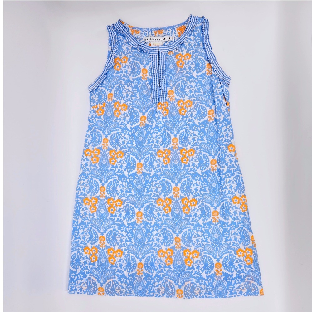 Gretchen Scott Flirt Dress Blue Orange Floral Paisley Ruffle Neck Medium EUC